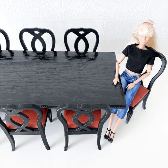 One-of-a-Kind Miniature Oak Wood Dining Trestle Table & 8 Chair Set 1:6 Scale - Picture 11 of 14